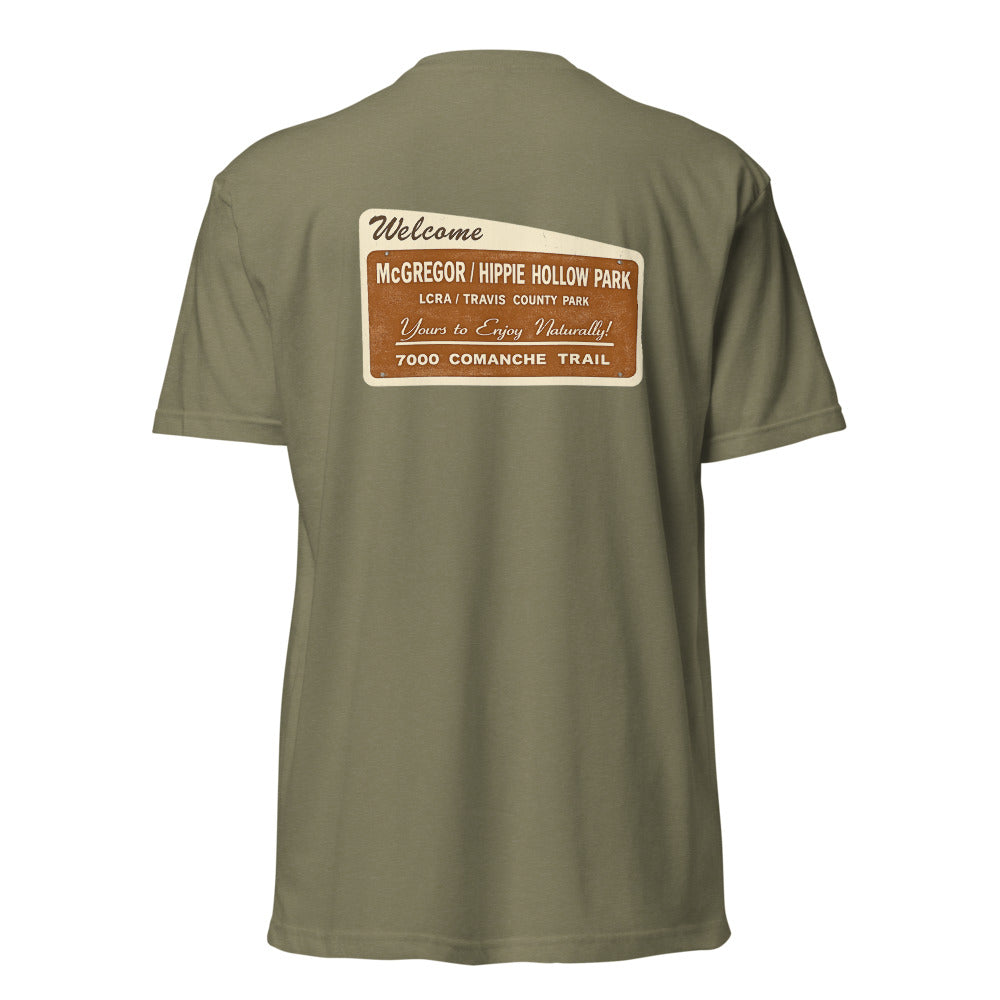 Hippie Hollow Tee — Military Green, back sign