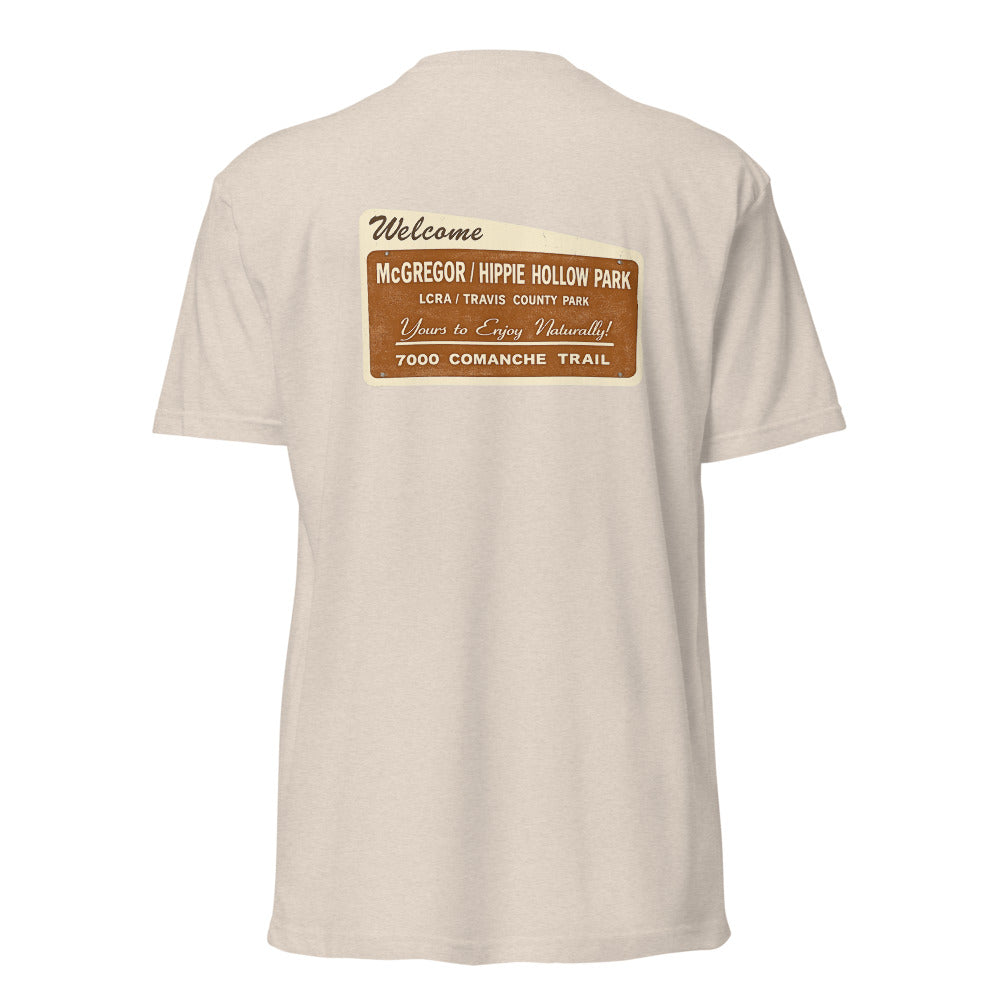 Hippie Hollow Tee — Sand, back sign
